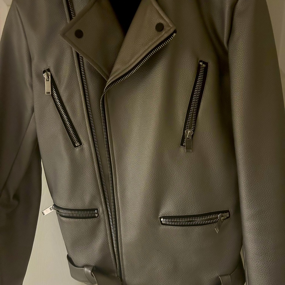 Faux Leather Biker Jacket in GREY. Notch Collar. ZIP Fastening pockets.